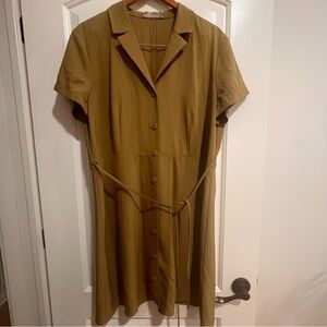 Everlane Olive Short-Sleeve Button Midi Dress with Tie Waist